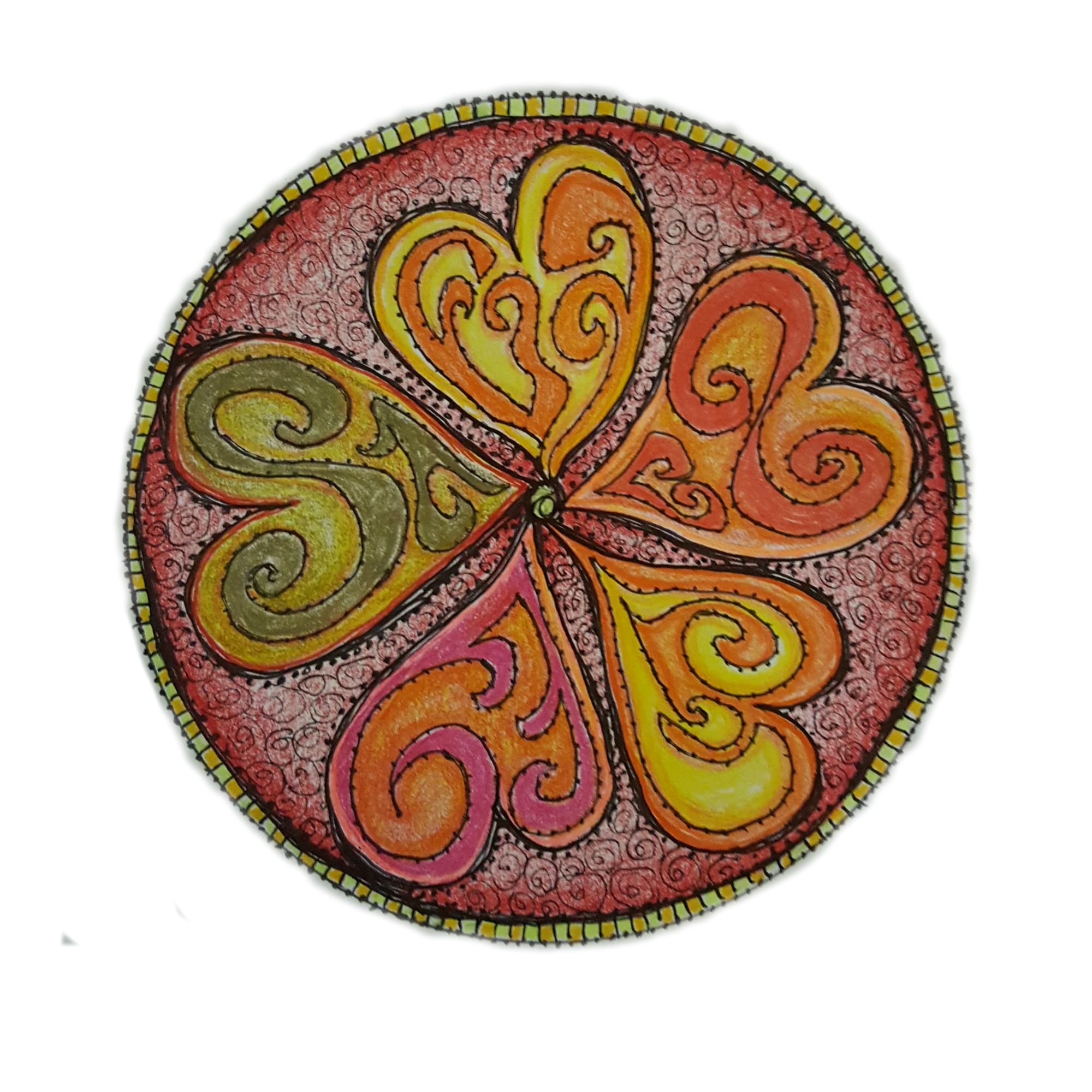 Whimsical mandala with five heart shapes in soft colors of gold, green and orange.